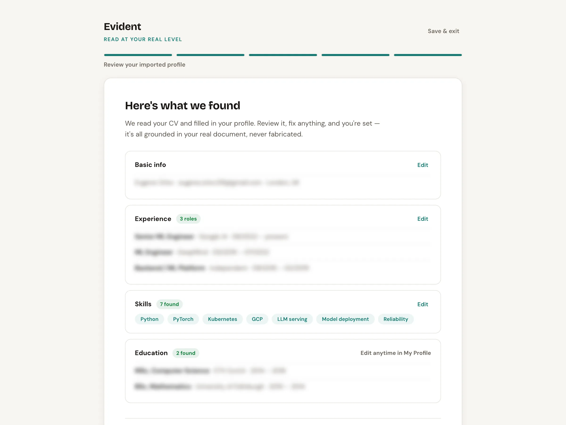 Onboarding review screen titled 'Here's what we found': basic info, three roles, seven skills and two degrees parsed from an uploaded CV, each section with an Edit control. Personal details are blurred.